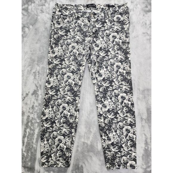 Seven7 Low Rise Grayscale Floral Denim Skinny Jeans Size 34 Black Gray Stretch - Picture 1 of 10